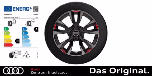 Original Audi A3 / S3 Sportback / Limousine (8Y) 18 Zoll Winterkomplettradsatz 5-V-Speichen-Acumen, schwarz mit Kontrastfarben Quarzgrau und Signalrot 225/40 R18 92V XL, 8,0Jx18, Bridgestone Blizzak LM005 AO Original Audi A3 / S3 Sportback / Limousine (8Y) 18 Zoll Winterkomplettradsatz 5-V-Speichen-Acumen, schwarz mit Kontrastfarben Quarzgrau und Signalrot 225/40 R18 92V XL, 8,0Jx18, Bridgestone Blizzak LM005 AO